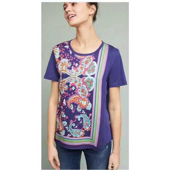 Anthropologie Maeve Maddie Printed Top Boho Purple‎ Short Sleeve Women's Size S - Picture 1 of 9